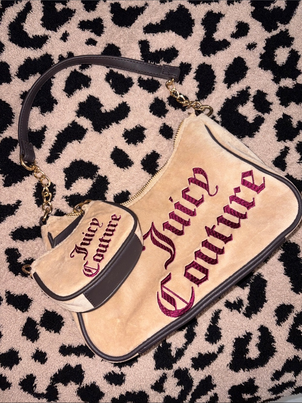 Juicy Couture Beige Suede Shoulder Bag with Pink Logo and Brown Trim